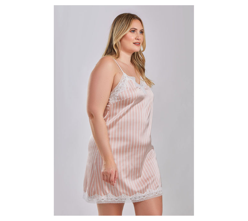 iCollections Sa tin Stripe Chem ise Lounge Dres s w/ Lace Trim — View 8