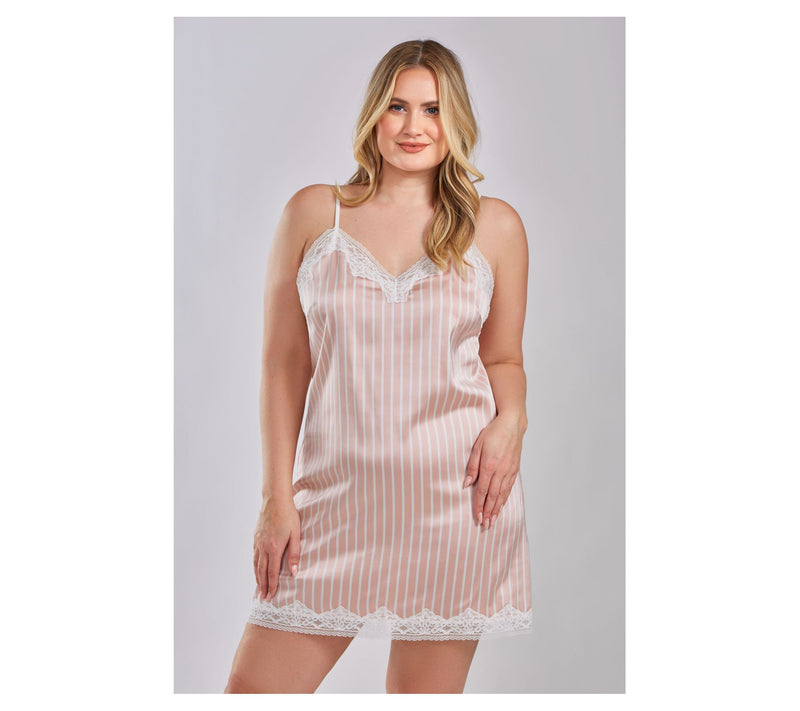 iCollections Sa tin Stripe Chem ise Lounge Dres s w/ Lace Trim — View 7