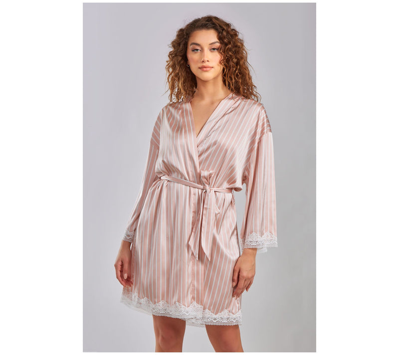 iCollection Satin Stripe Robe with Lace Trim — View 3