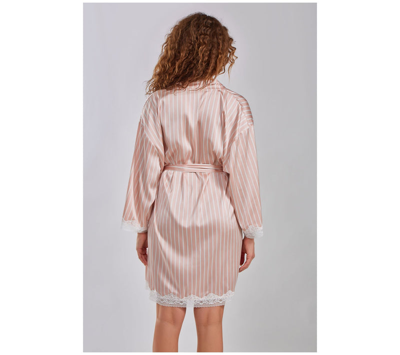 iCollection Satin Stripe Robe with Lace Trim — View 4