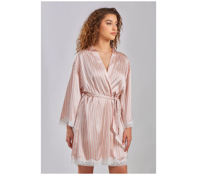 iCollection Satin Stripe Robe with Lace Trim — View 5