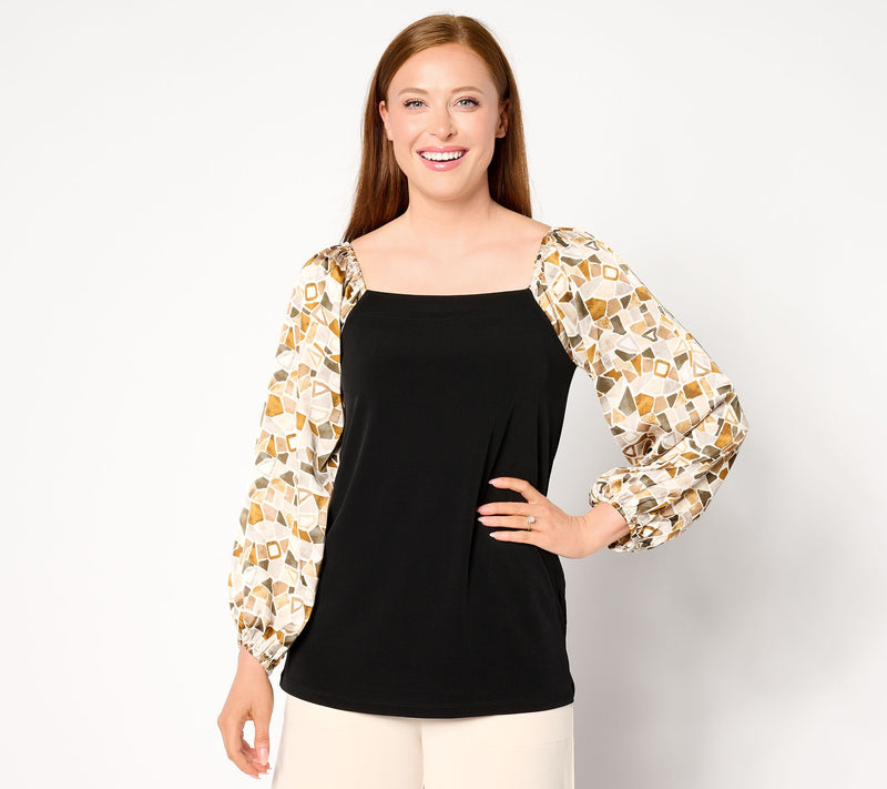 Susan Graver Liquid Knit Square-Neck A-Line Top with Printed Sleeves — View 7