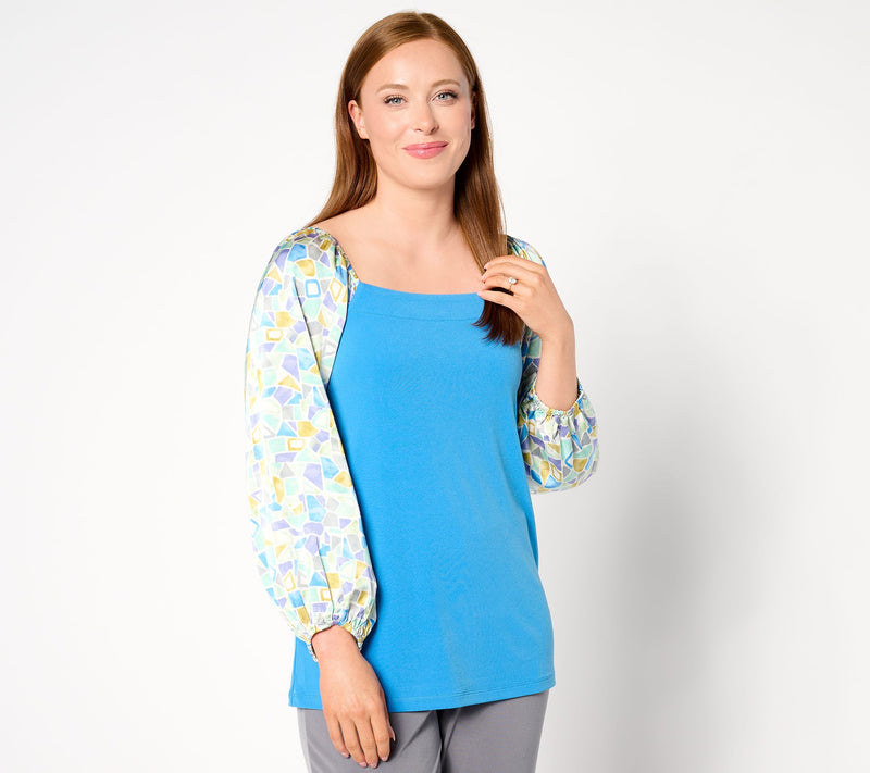 Susan Graver Liquid Knit Square-Neck A-Line Top with Printed Sleeves — View 5