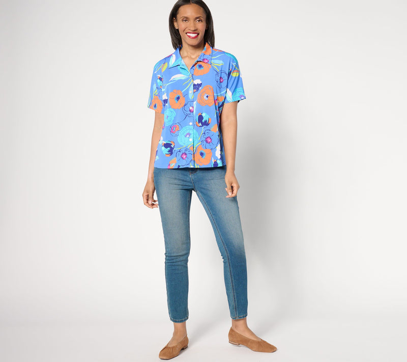 Susan Graver Liquid Knit Dolman Sleeve Button Front Camp Shirt — View 3