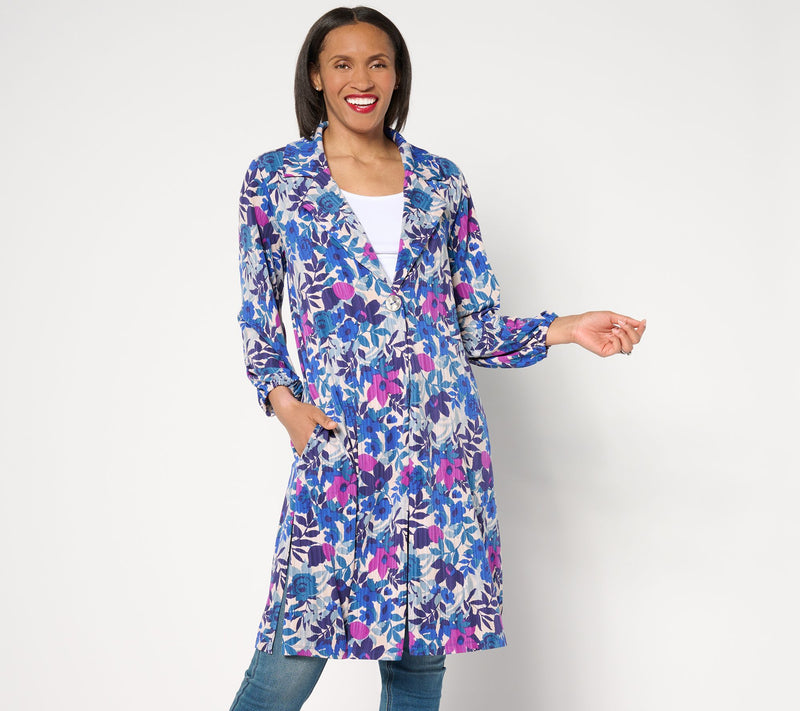 Susan Graver Petite Printed Liquid Knit Duster with Blouson Sleeves — Main view