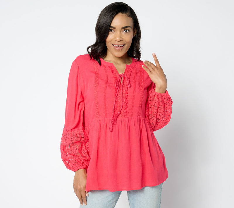 Susan Graver Petite PURE Sheer Crinkled Gauze Lace and Tassel Tunic — Main view