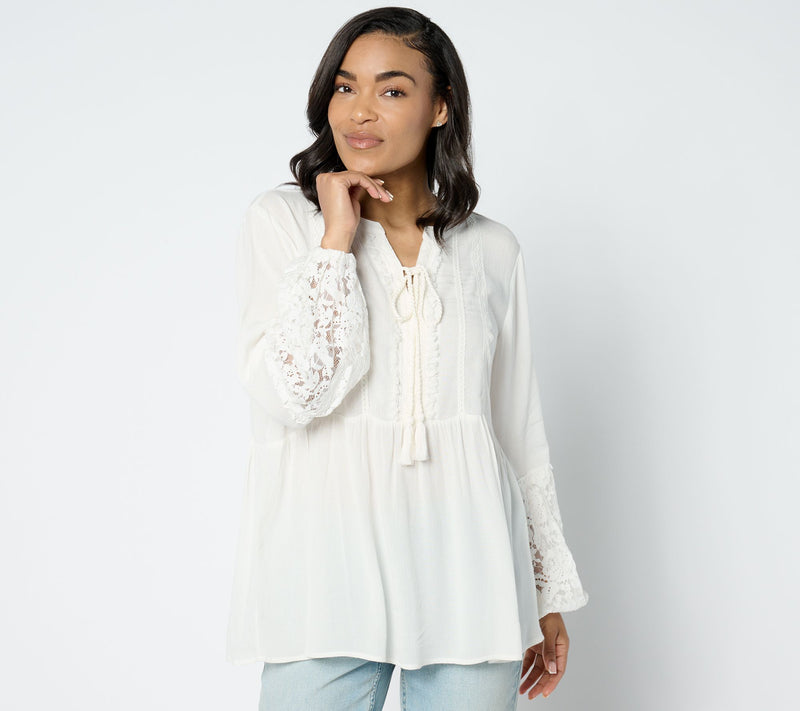 Susan Graver Petite PURE Sheer Crinkled Gauze Lace and Tassel Tunic — View 5