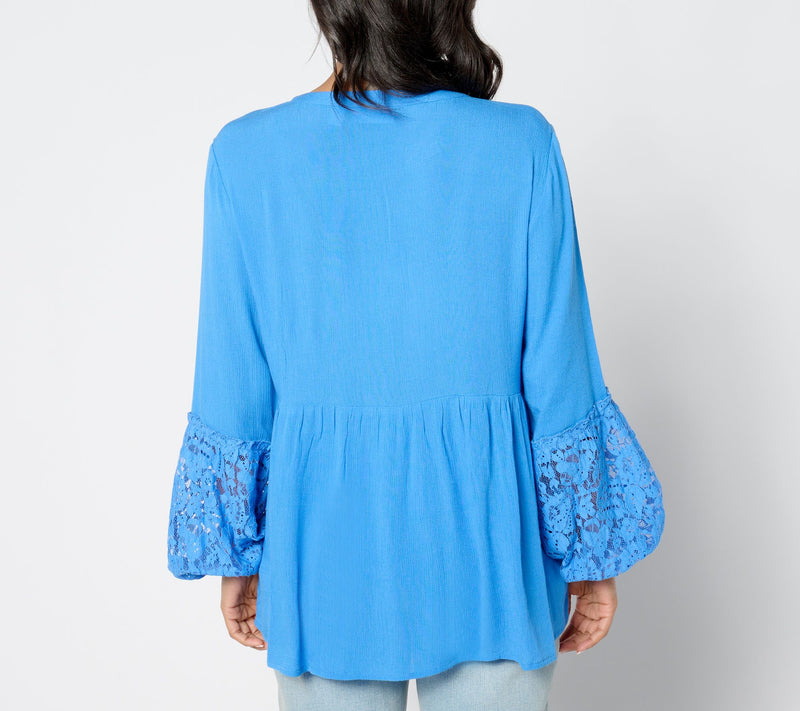 Susan Graver Petite PURE Sheer Crinkled Gauze Lace and Tassel Tunic — View 10