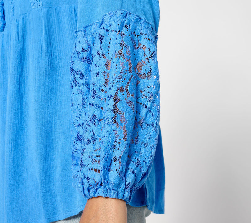 Susan Graver Petite PURE Sheer Crinkled Gauze Lace and Tassel Tunic — View 12
