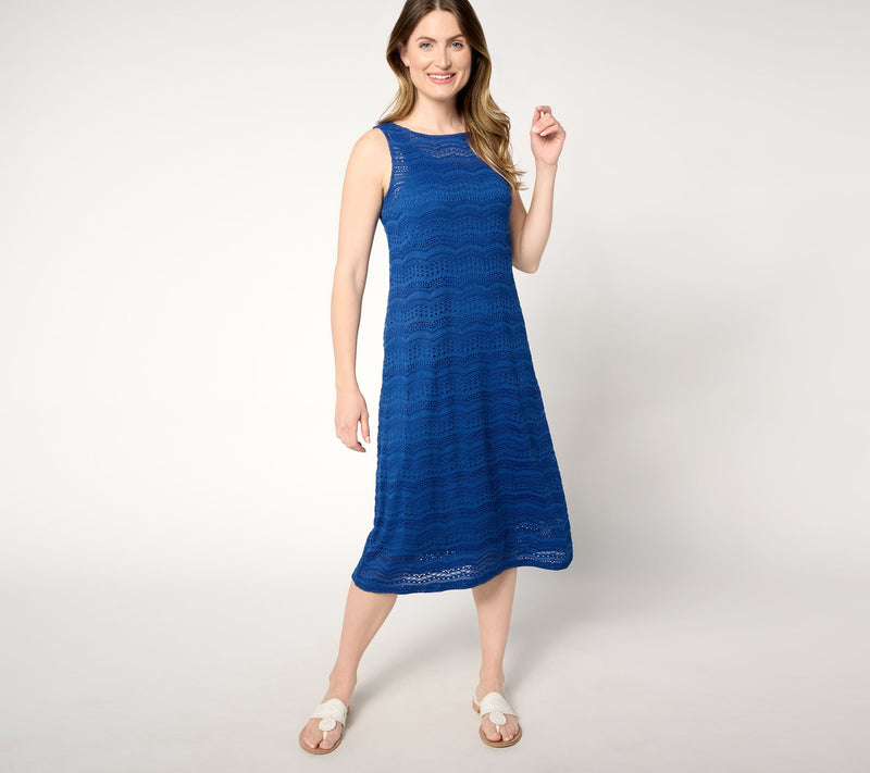 Susan Graver Passport Petite Knit Crochet Lace Midi Dress with Cami Slip — View 7