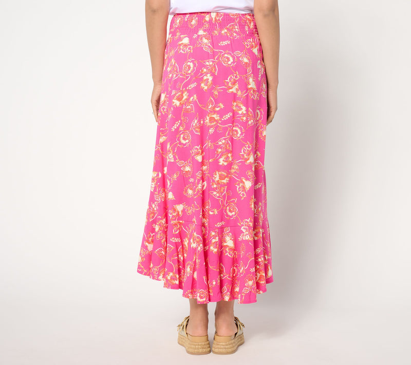 Susan Graver Passport Petite Printed Woven Button-Front Smocked Skirt — View 8