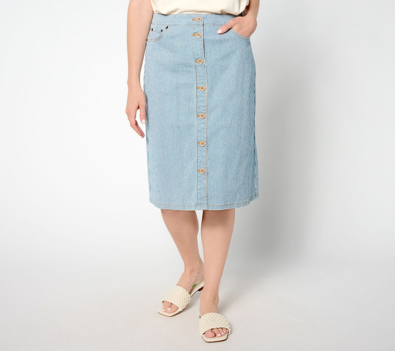 Denim & Co. Petite Button Front Striped Denim Midi Skirt — View 5