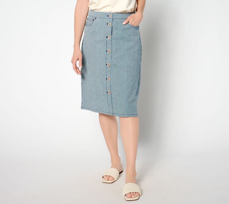 Denim & Co. Petite Button Front Striped Denim Midi Skirt — View 3