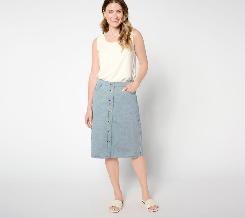 Denim & Co. Petite Button Front Striped Denim Midi Skirt — View 7