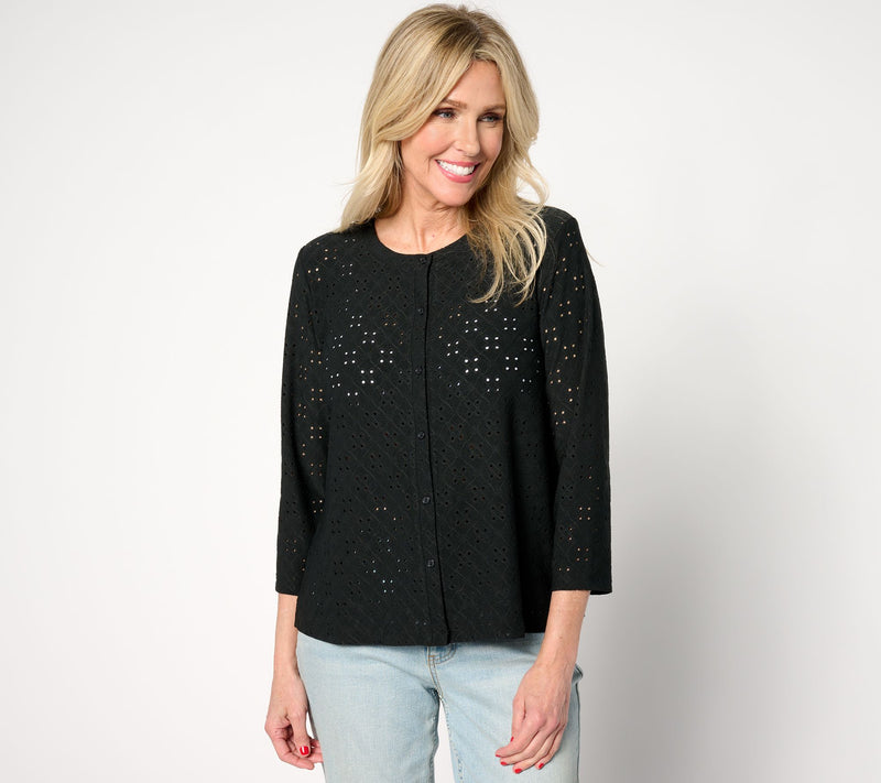 LOGO Layers by Lori Goldstein Stretch Eyelet Cardigan — View 7