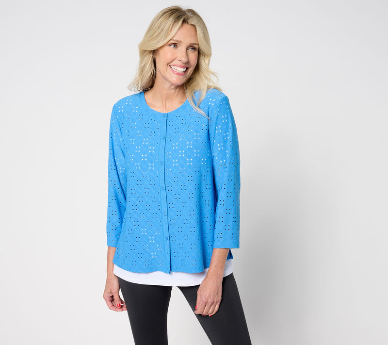 LOGO Layers by Lori Goldstein Stretch Eyelet Cardigan — View 14