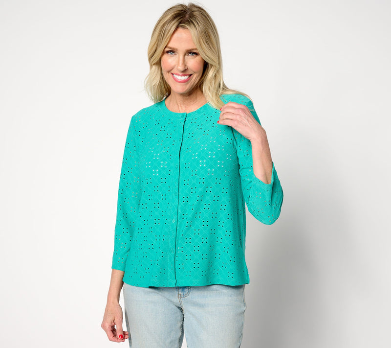 LOGO Layers by Lori Goldstein Stretch Eyelet Cardigan — View 3