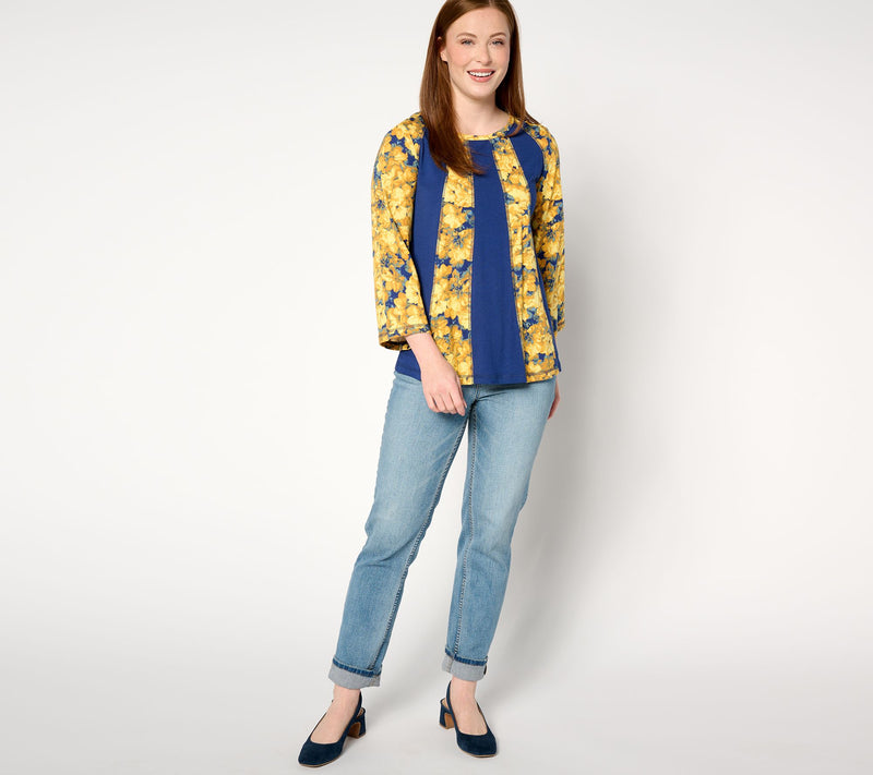 LOGO by Lori Goldstein Print and Solid Mix Scoop Neck Top — View 9