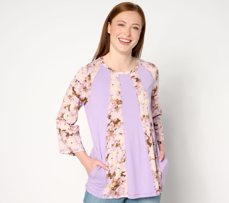 LOGO by Lori Goldstein Print and Solid Mix Scoop Neck Top — View 5
