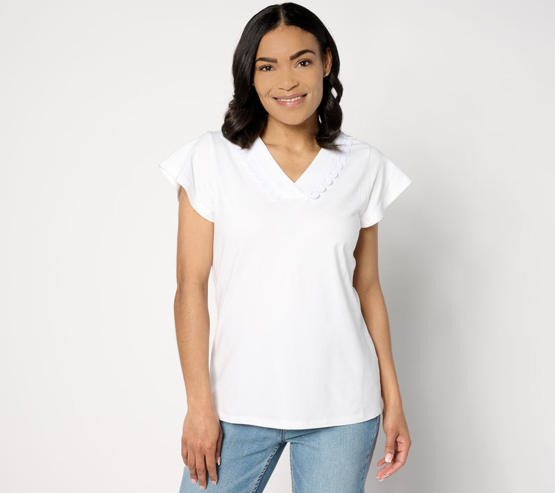 Denim & Co. Favorite Jersey V-Neck Flutter Sleeve Lace Top — View 9