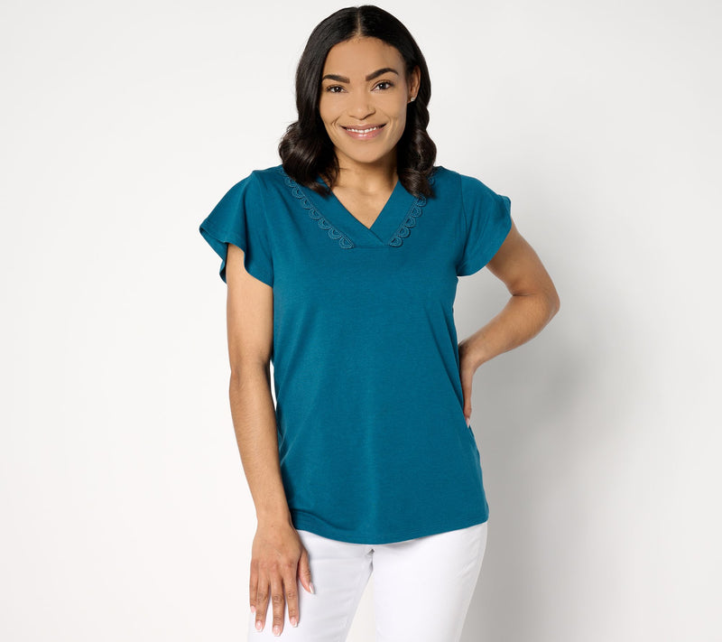Denim & Co. Favorite Jersey V-Neck Flutter Sleeve Lace Top — View 10