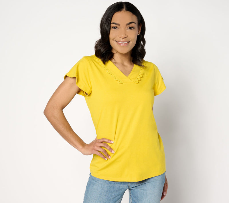 Denim & Co. Favorite Jersey V-Neck Flutter Sleeve Lace Top — View 11