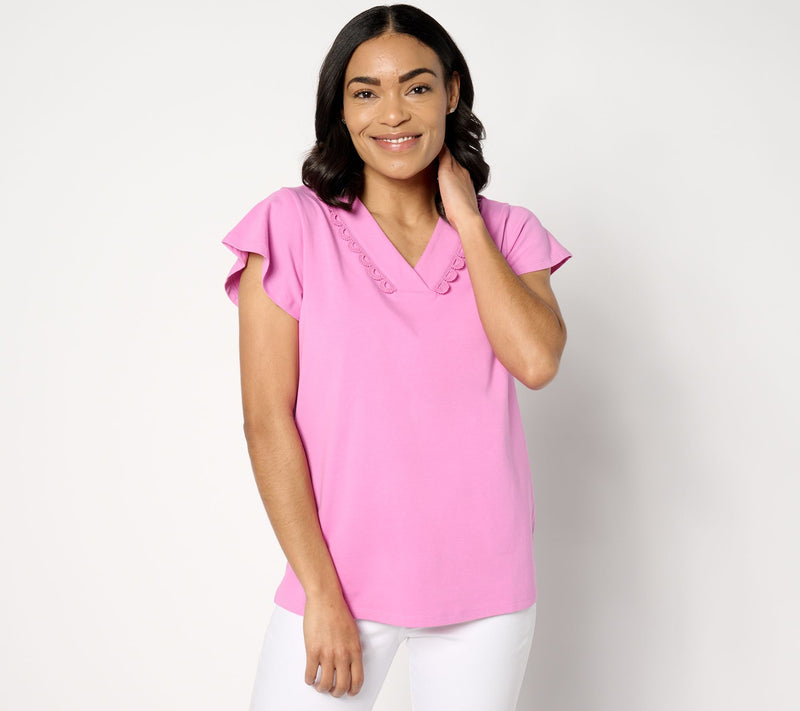 Denim & Co. Favorite Jersey V-Neck Flutter Sleeve Lace Top — Main view
