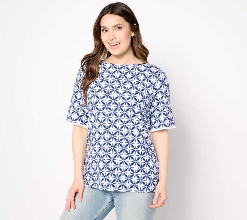 Denim & Co. Printed Favorite Jersey Boat Neck Top w/ Fringe — View 11
