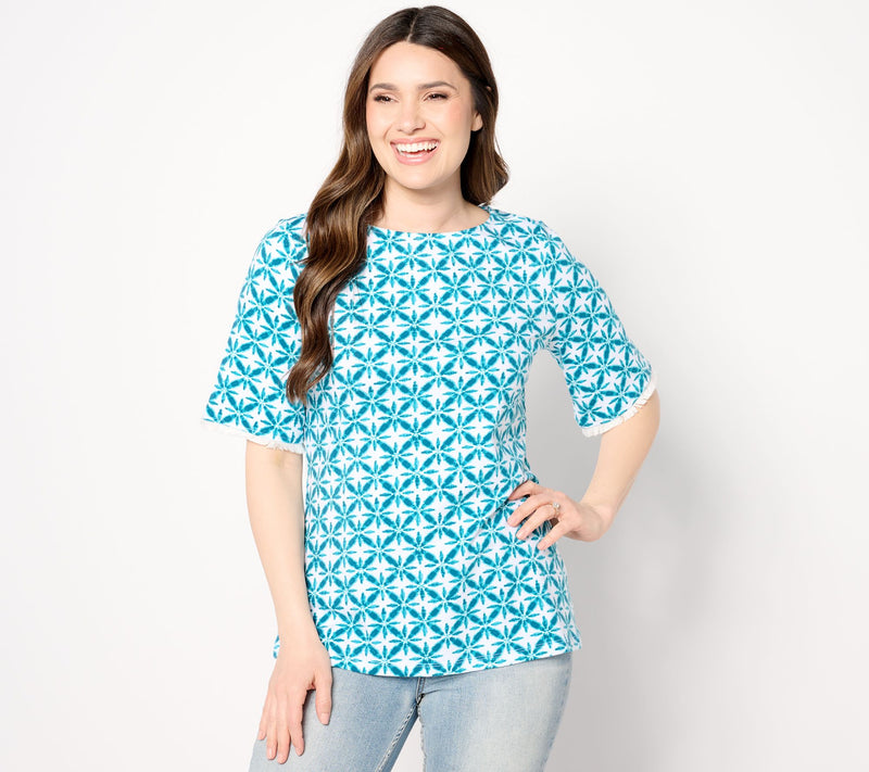 Denim & Co. Printed Favorite Jersey Boat Neck Top w/ Fringe — View 2