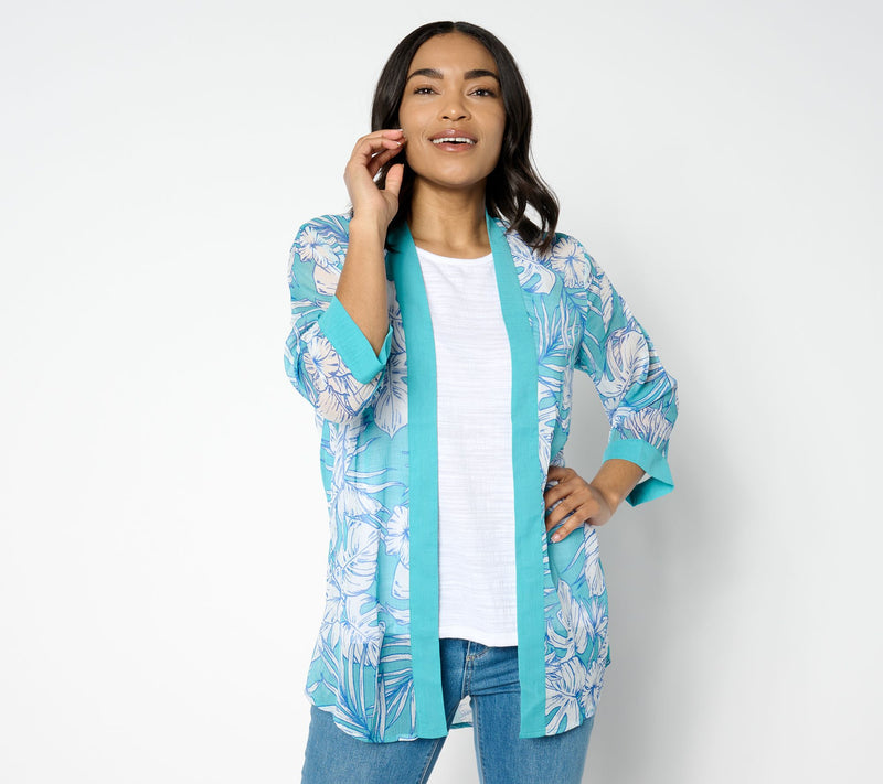 Denim & Co. Tropical Palm Printed Open Front Topper — View 8