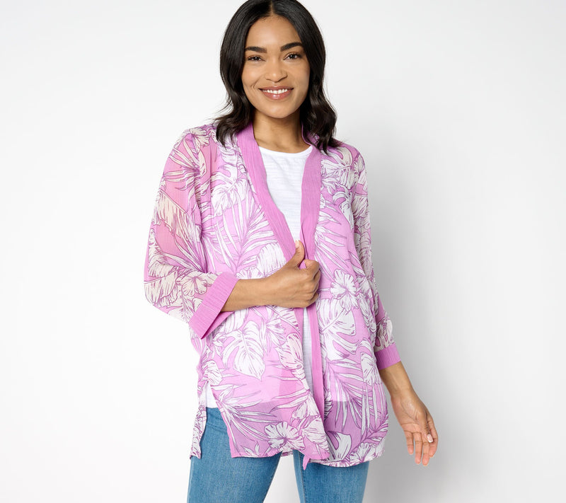 Denim & Co. Tropical Palm Printed Open Front Topper — View 9