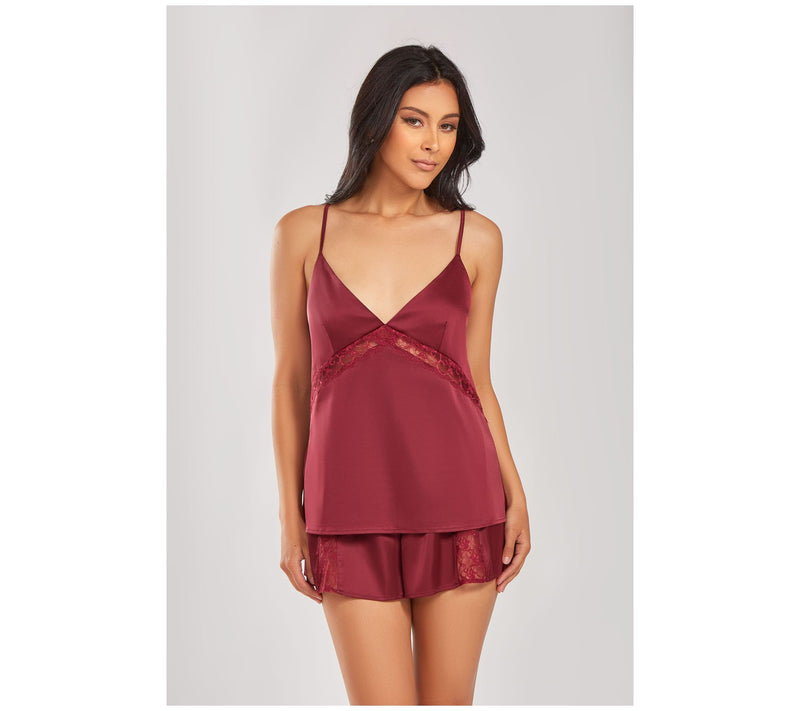 iCollection Stretch Satin with Lace Cami & Shor ts Set — Main view