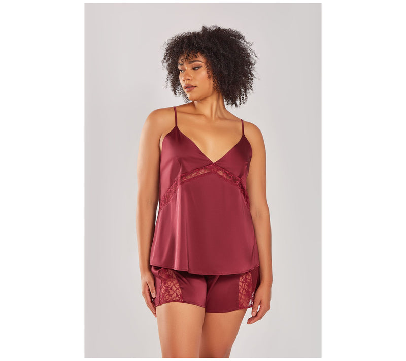 iCollection Stretch Satin with Lace Cami & Shor ts Set — View 7