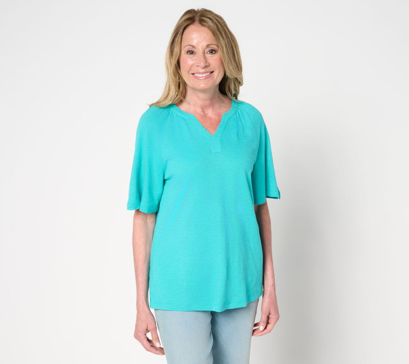 Denim & Co. Linen Blend Flutter Short Sleeve Knit Top — View 2