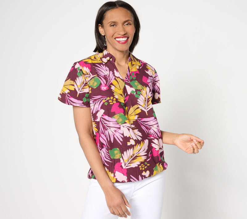 Denim & Co. Tropical Palm Printed Dolman Short Sleeve Collared Top — Main view