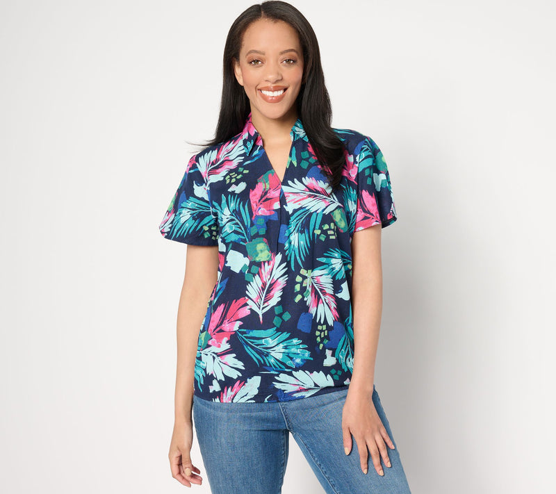 Denim & Co. Tropical Palm Printed Dolman Short Sleeve Collared Top — View 9