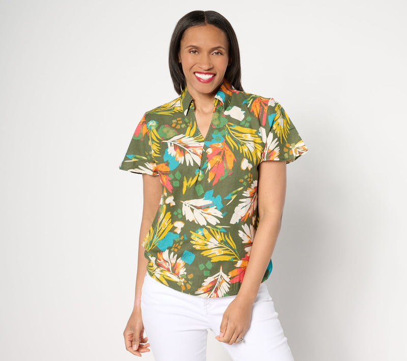 Denim & Co. Tropical Palm Printed Dolman Short Sleeve Collared Top — View 10