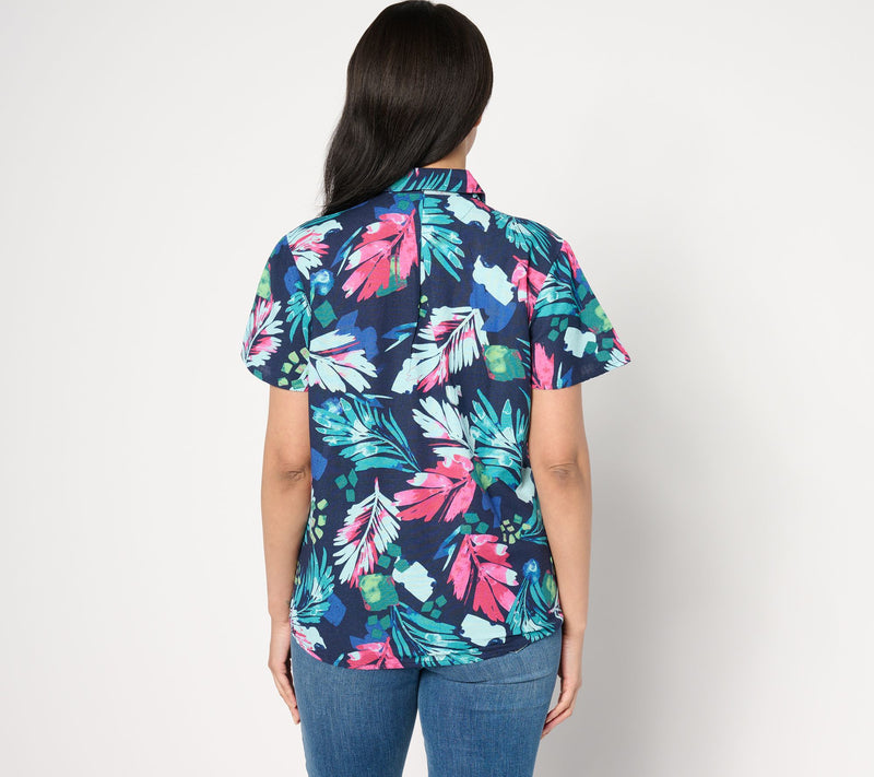 Denim & Co. Tropical Palm Printed Dolman Short Sleeve Collared Top — View 2