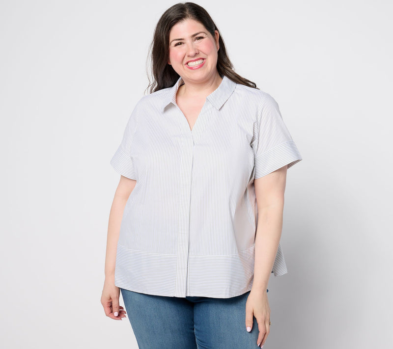 Denim & Co. Poplin Yarn Dye Short Sleeve Striped Shirt — View 8