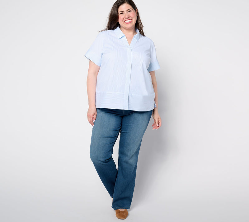 Denim & Co. Poplin Yarn Dye Short Sleeve Striped Shirt — View 3