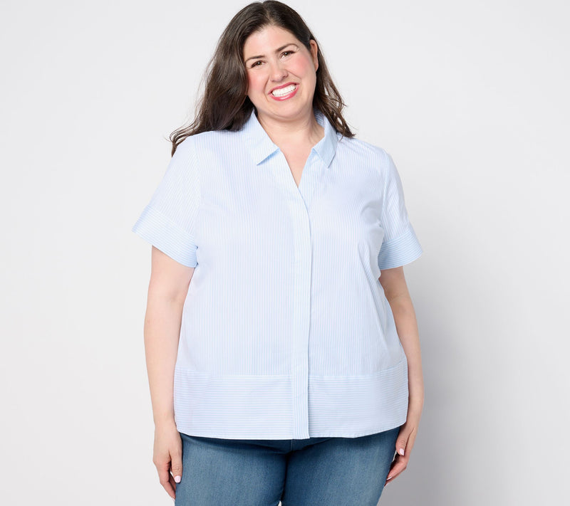 Denim & Co. Poplin Yarn Dye Short Sleeve Striped Shirt — Main view