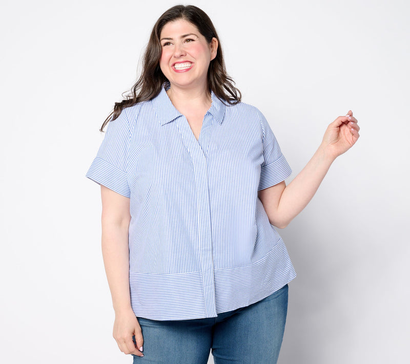 Denim & Co. Poplin Yarn Dye Short Sleeve Striped Shirt — View 10