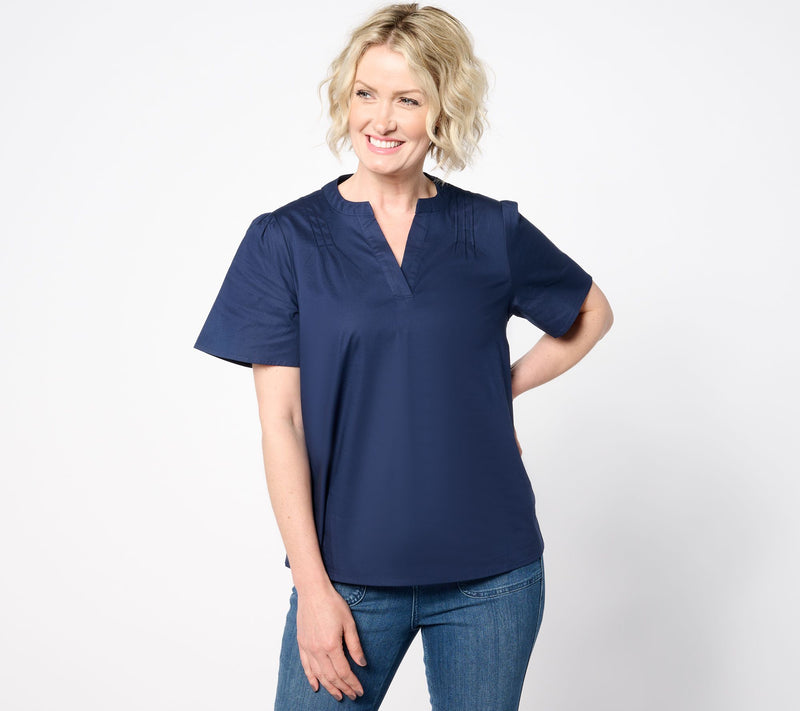 Denim & Co. Poplin Short Sleeve Blouse w/ Pintucks — View 9