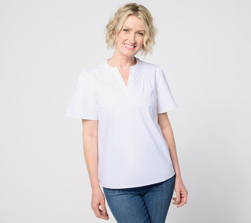 Denim & Co. Poplin Short Sleeve Blouse w/ Pintucks — View 10