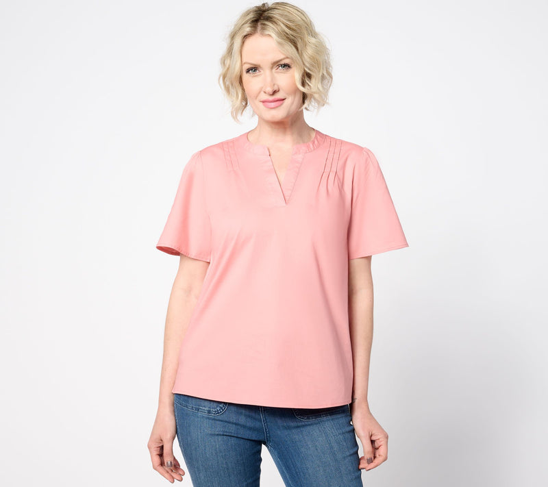 Denim & Co. Poplin Short Sleeve Blouse w/ Pintucks — View 11