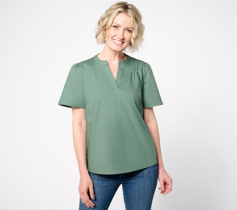 Denim & Co. Poplin Short Sleeve Blouse w/ Pintucks — View 12