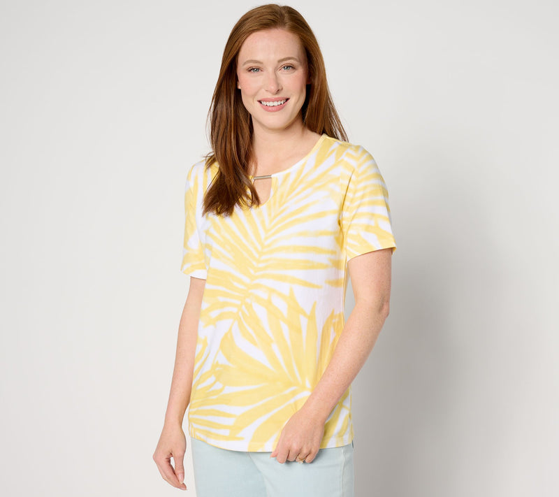 Denim & Co. Favorite Jersey Palm Print Short Sleeve Keyhole Top — View 9