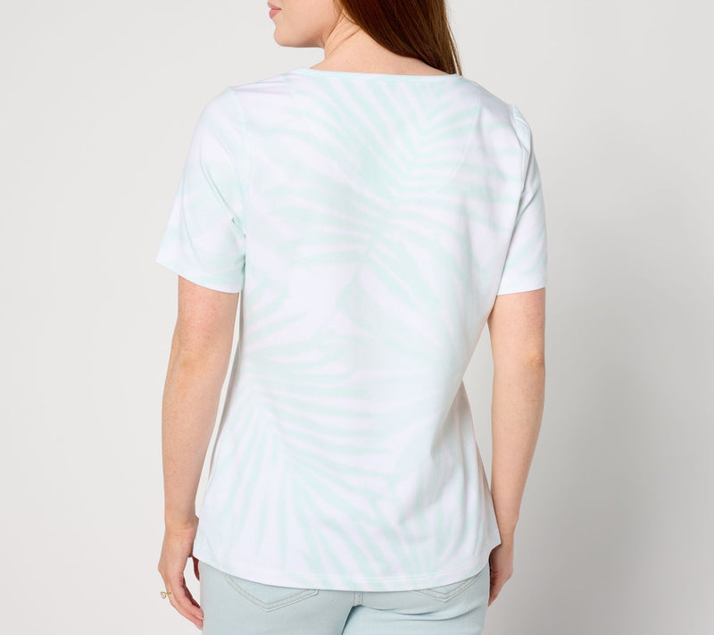 Denim & Co. Favorite Jersey Palm Print Short Sleeve Keyhole Top — View 2