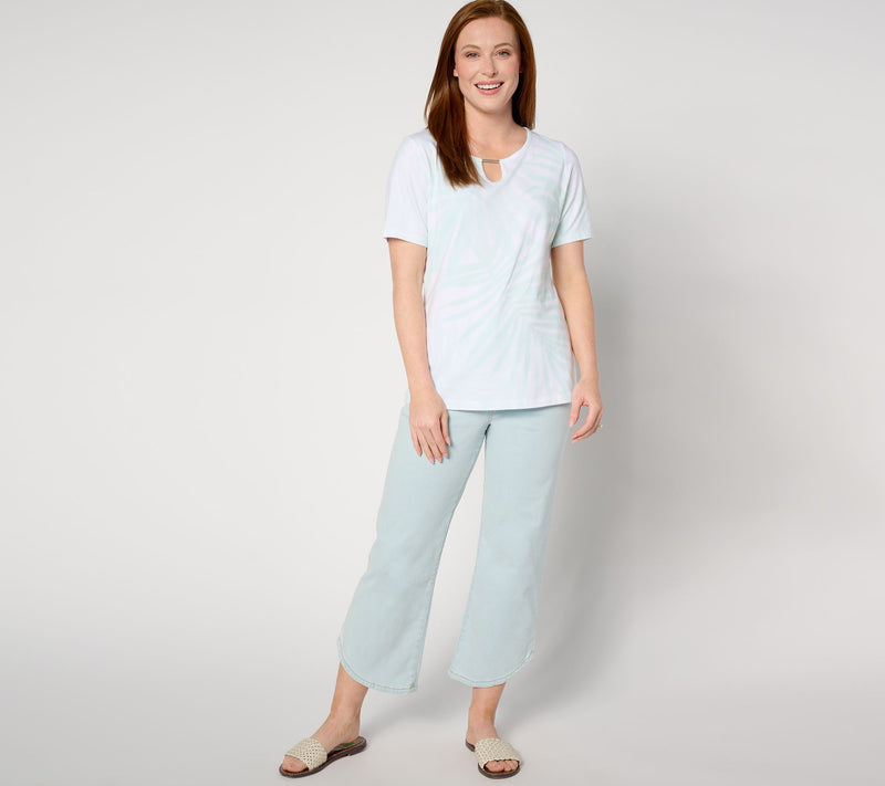 Denim & Co. Favorite Jersey Palm Print Short Sleeve Keyhole Top — View 3