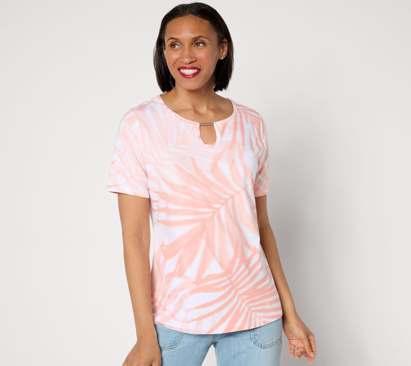 Denim & Co. Favorite Jersey Palm Print Short Sleeve Keyhole Top — View 10